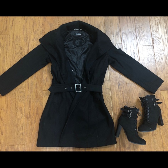 Guess wool belted black trench coat - Picture 2 of 9